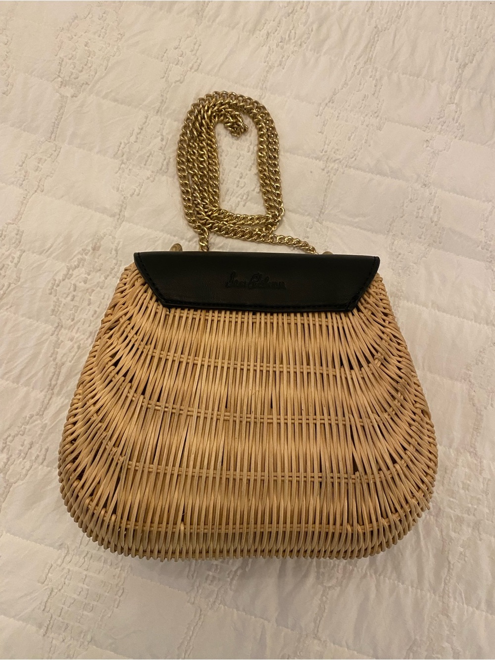 Sam Edelman Black Leather Flap Wicker Crossbody with Gold Chain - Picture 2 of 12